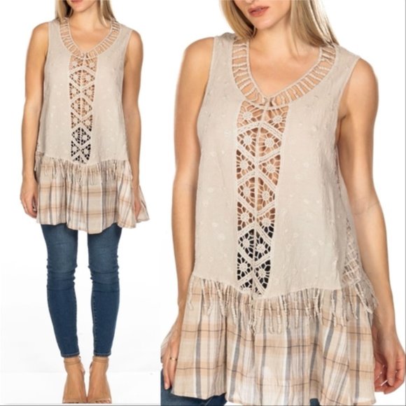 Boho Tunic Crochet Plaid Top - Picture 1 of 4